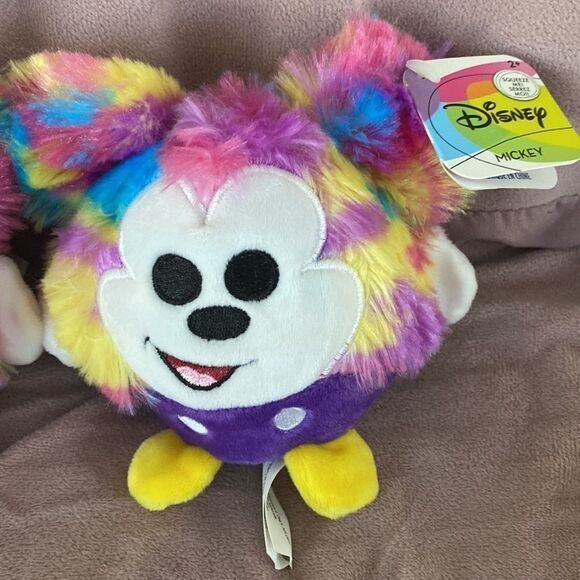 Disney Mickey Rainbow Fur‎ Squeeze Toy Plush Just Play Round Tie Dye 5” - Picture 2 of 4